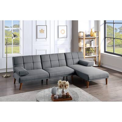 Contemporary Style Sectional Sofa Set, Convertible Bed Sofa with Solid wood Legs&Tufted Couch&Adjustable Sofa Chaise