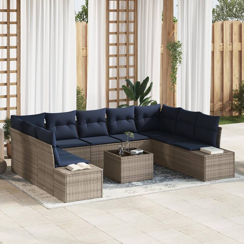 vidaXL 10 Piece Garden Sofa Set with Cushions - 113.8×82.3×27.2 - Grey-with table