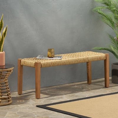 Acacia Wood Backless Bench with Faux Rattan Seat