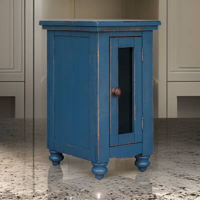Genie 26 Inch Chairside Table 1 Door Turned Legs Dark Blue Pine Wood