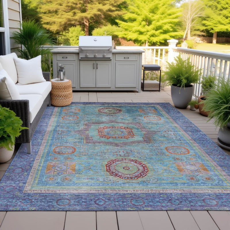 Machine Washable Indoor/Outdoor Traditional Chantille Rug - Teal - 8' x 10'