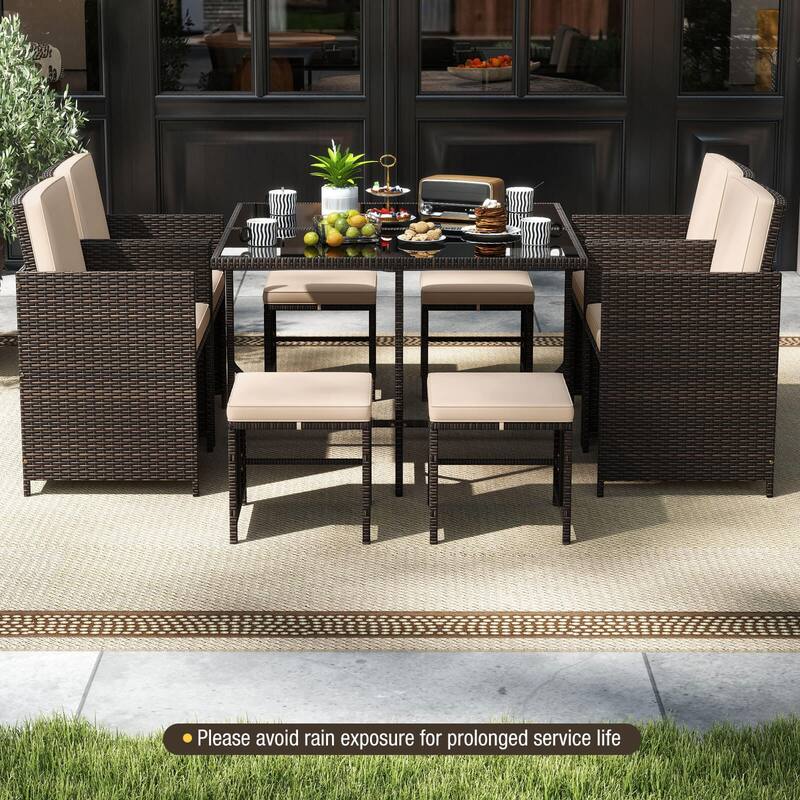 9 PCS Outdoor Dining Set Wicker Patio Chairs w/ Removable Cushions