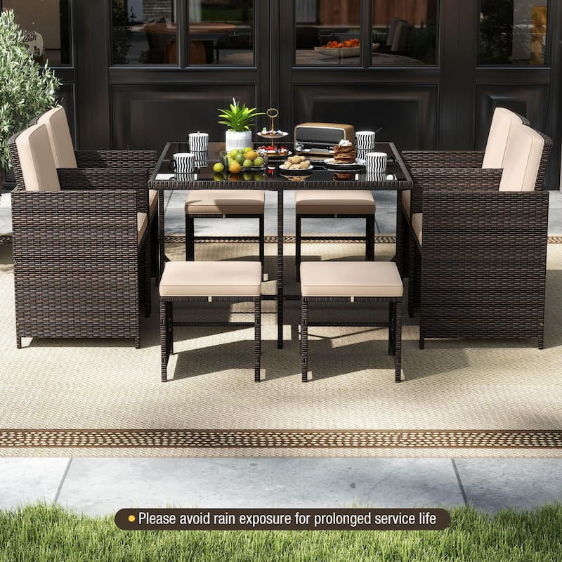 Costway 9 PCS Patio Dining Set with Tempered Glass Table & Ottoman - See Details