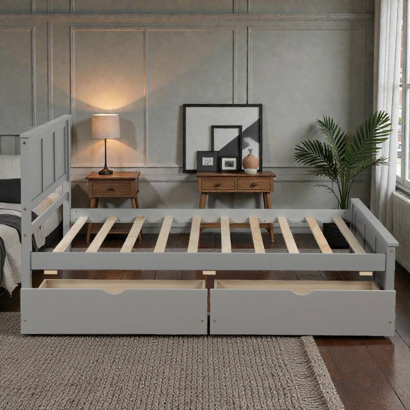 Twin Size Platform Storage Bed with 2 Drawers, Solid Wood & MDF Frame, Under-Bed Rolling Drawers, No Box Spring Needed