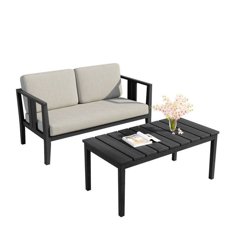 Uixe Teak Patio Loveseat with Coffee Table Outdoor Conversation Set