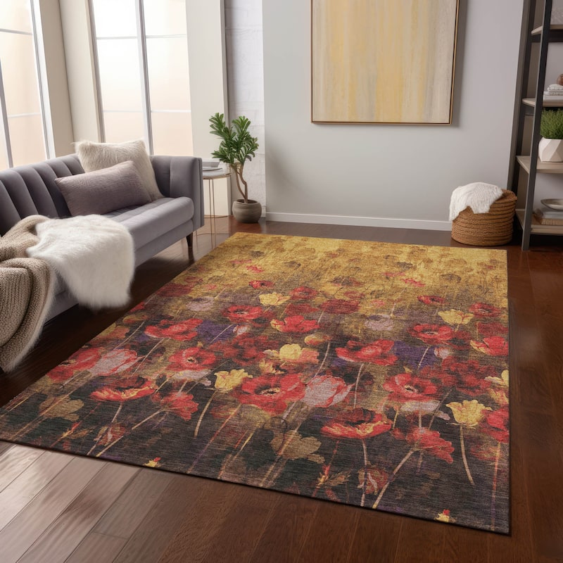 Machine Washable Indoor/ Outdoor Modern Floral Chantille Rug - Gold - 8' x 10'