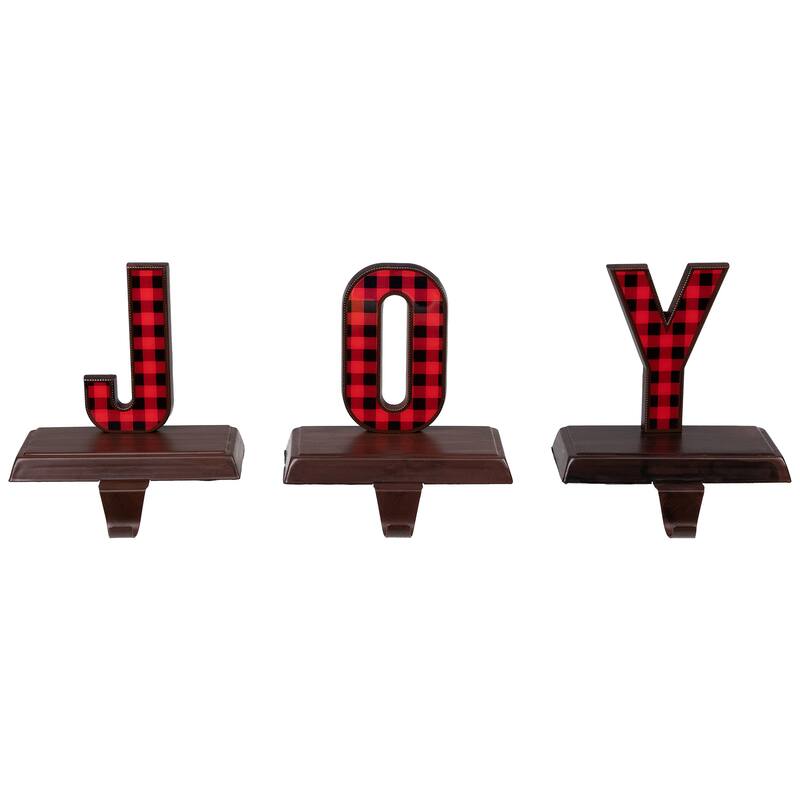 Set of 3 Red Black Buffalo Plaid "JOY" Christmas Stocking Holder 6"