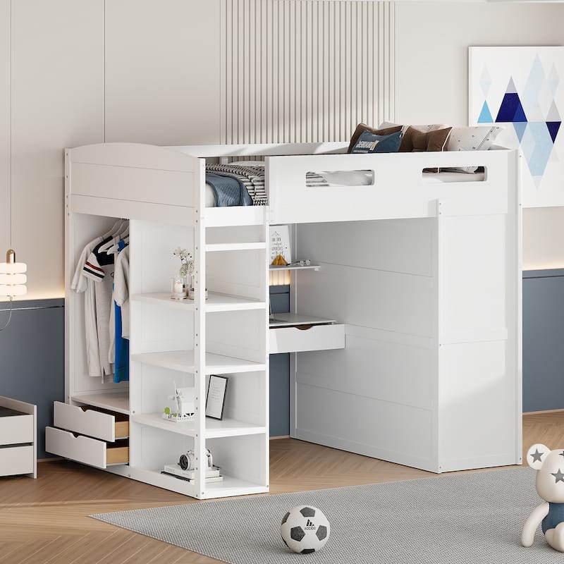 Full Size Solid Wood Loft Bed with Desk, Wardrobes & Drawers - Full - White