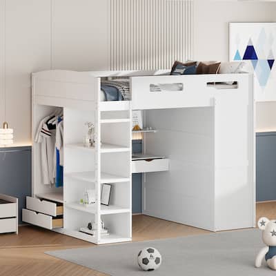 Modern Full Loft Bed with Built-in Desk, Storage Drawers, Shelves, and Open Closet for Optimal Organization
