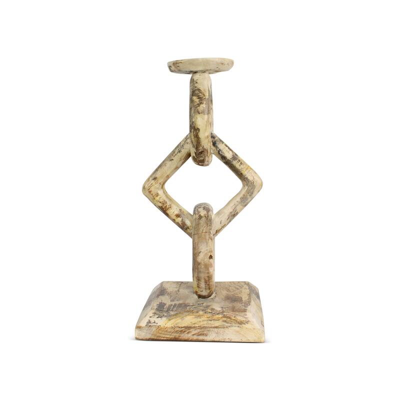 Wood Chain Link Candle Holder Hand Carved Rustic Whitewashed Candle Stand, Decorative Accent