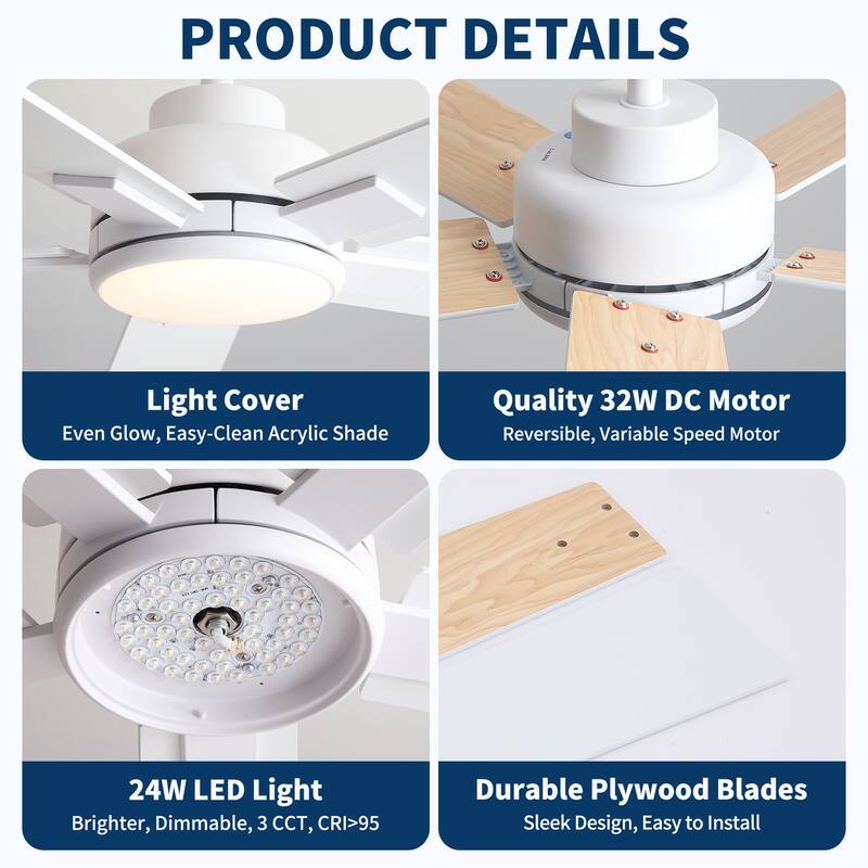 Cusp Barn 52" Modern Ceiling Fan with Light and Remote, LED Integrated Dimmable Reversible DC Motor Ceiling Fan for Living Room