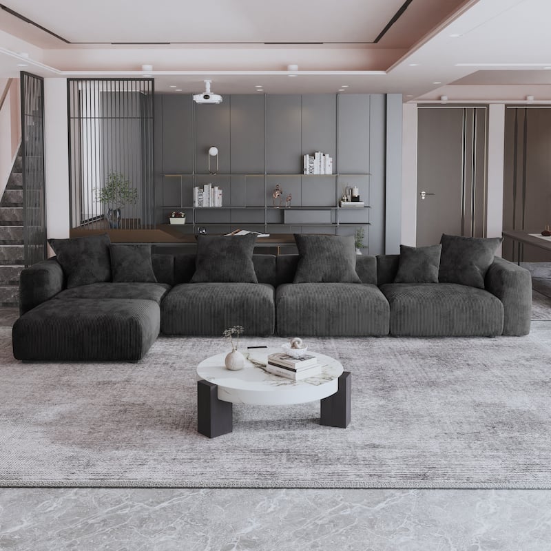 L Shaped Corduroy Upholstered Deep Seat Comfy Sectional Sofa with Solid Wood Legs for Living Room - Black