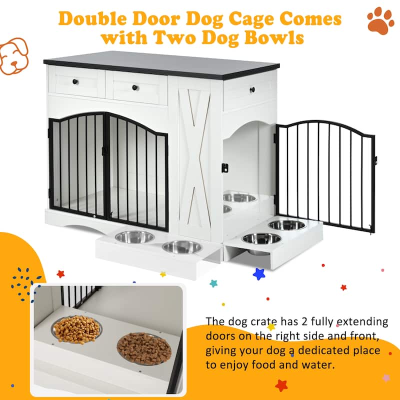 43.3" Farmhouse Dog Crate Furniture - Heavy Duty Indoor Wooden Kennel with 3 Drawers & Removable Feeder