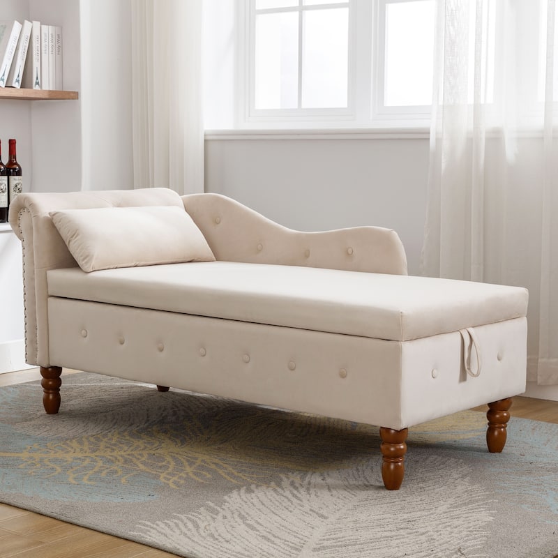 Kimberly Velvet Chaise Lounge with Storage and Pillow by GDFStudio - 58.26"L x27.9"W x 28.3"H