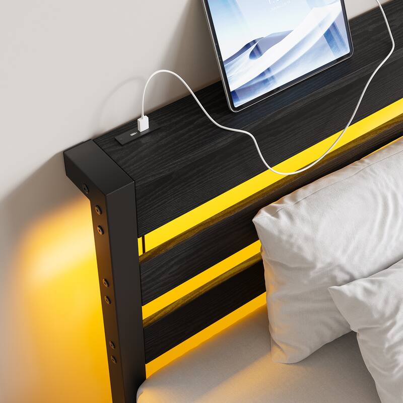 Bed Frame Heavy Duty Platform Bed Frame with Headboard, USB Charging Station, LED Bed