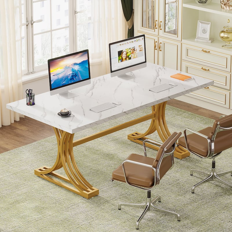 63'' Modern Executive Computer Desk with Trestles Legs, Large Writing Table for Home Office - White+Gold