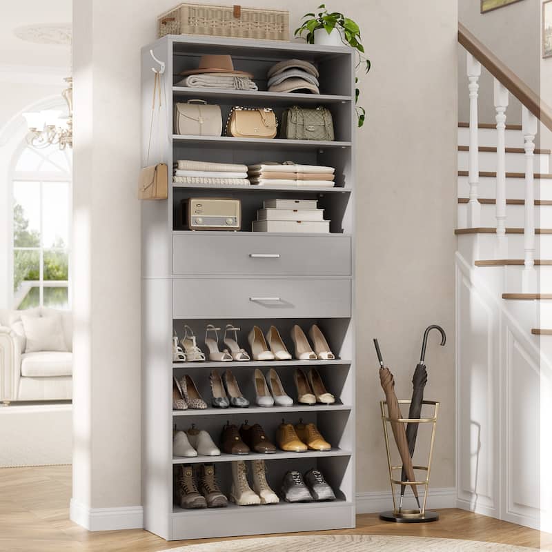 9-Tier Shoe Cabinet with 2 Drawers, Freestanding Closet Organizer with Adjustable Storage Shelves - Grey