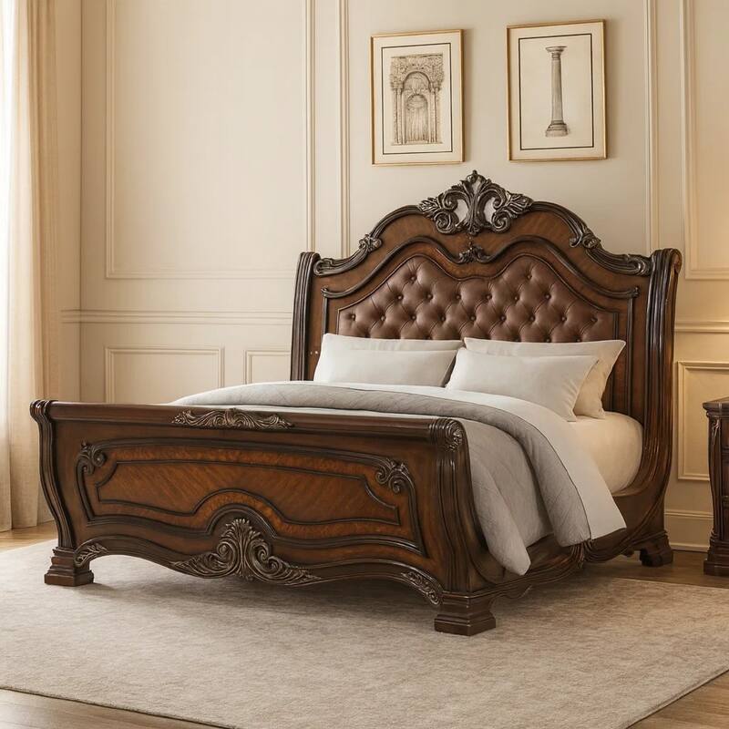 Ruth Queen Bed, Faux Leather Headboard with Burl Inlays, Mahogany Brown