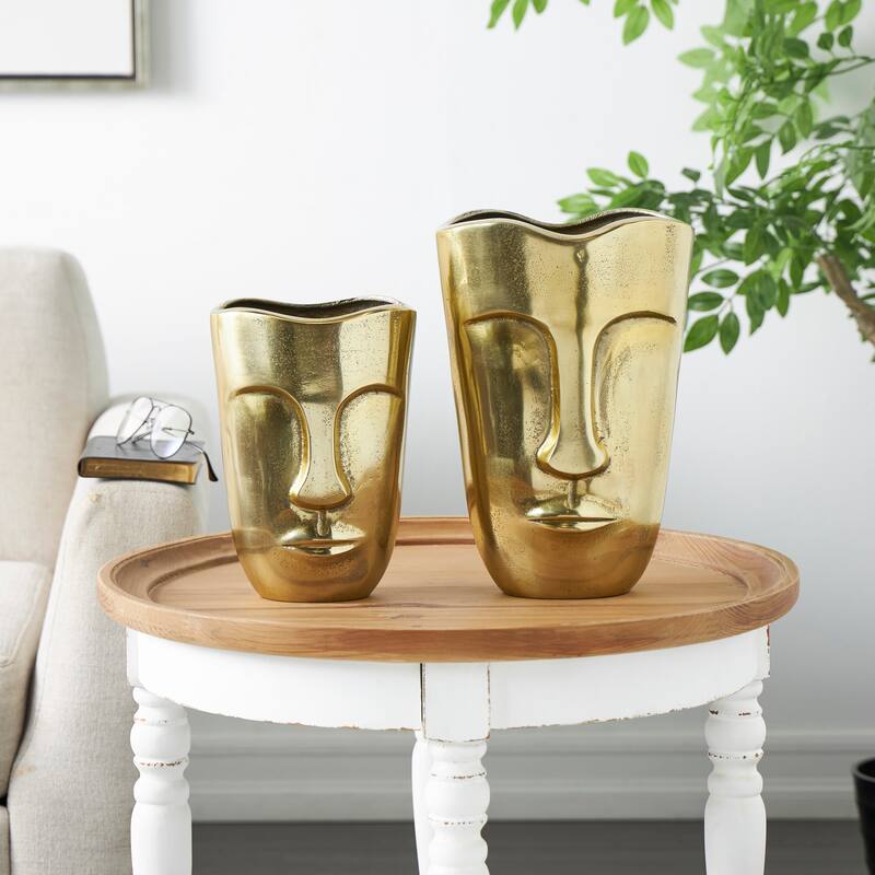 Gold Aluminum Metal Face Decorative Vase with Abstract Details (Set of 2) - Gold