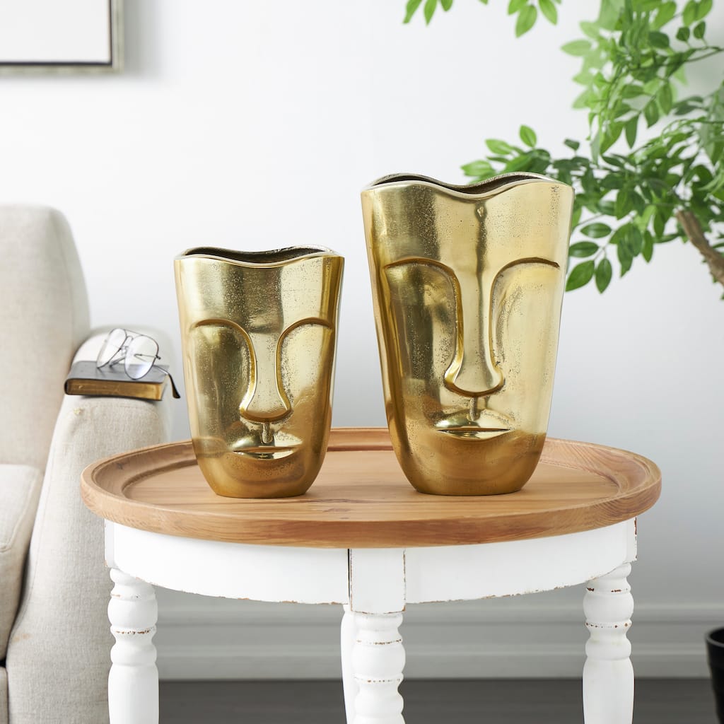 Gold Aluminum Metal Face Decorative Vase with Abstract Details (Set of 2)