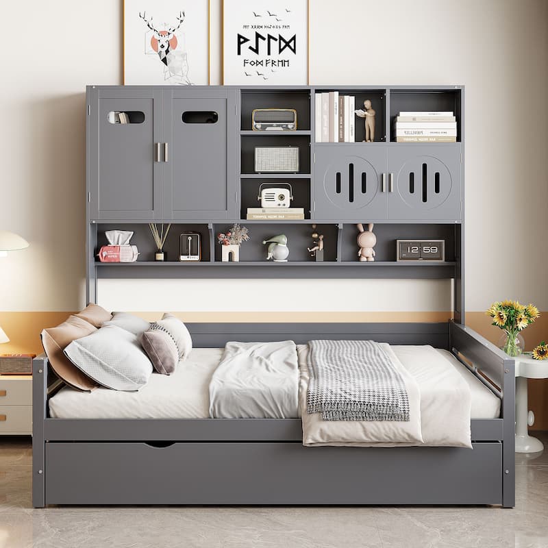 Full Size Wooden Daybed with Twin Trundle, Storage Cabinet & Shelves, Gray - Gray - Full