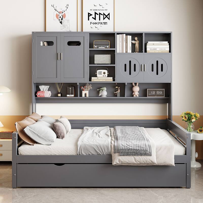 Space-Saving Full Size Daybed with Twin Trundle, Wooden Platform Bed Frame with All-in-One Cabinet & Shelf, No Box Spring Needed - Grey - Full