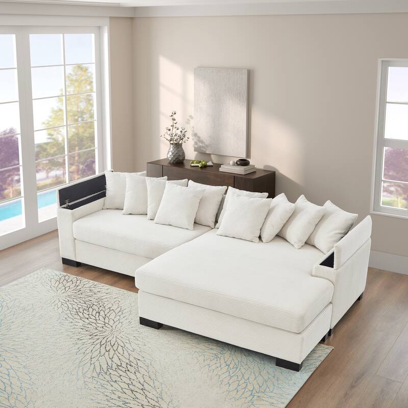 111" Luxury L-Shaped Sectional - Convertible Chaise Lounge with Hidden Storage, Corduroy Upholstery