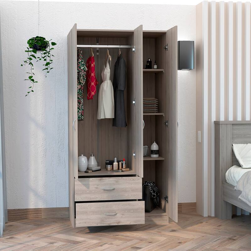 Austral 3 Door Armoire with Drawers, Shelves, and Hanging Rod