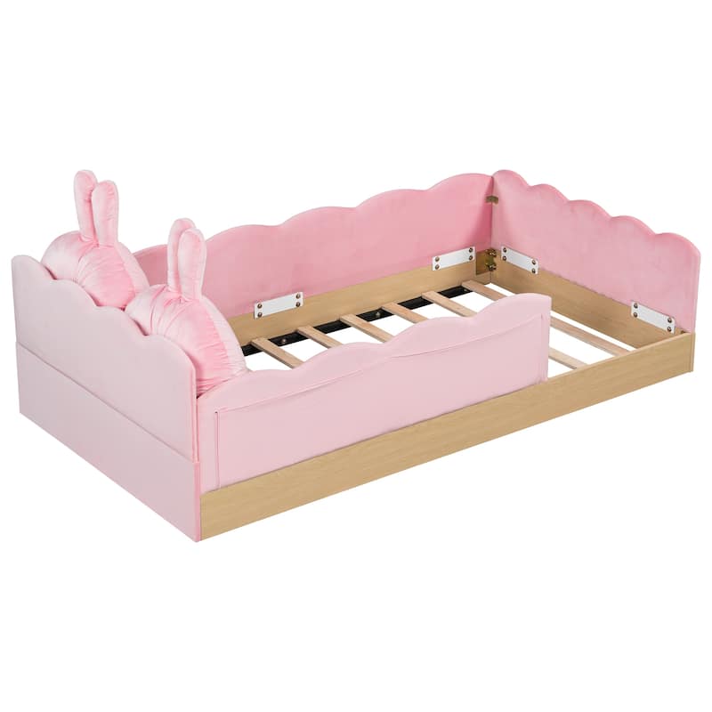 Twin Size Upholstered Bed with Bunny Ear Shape Pillows and Rabbit Tail Footboard, Storage Bags, Wave Frame Platform Bed