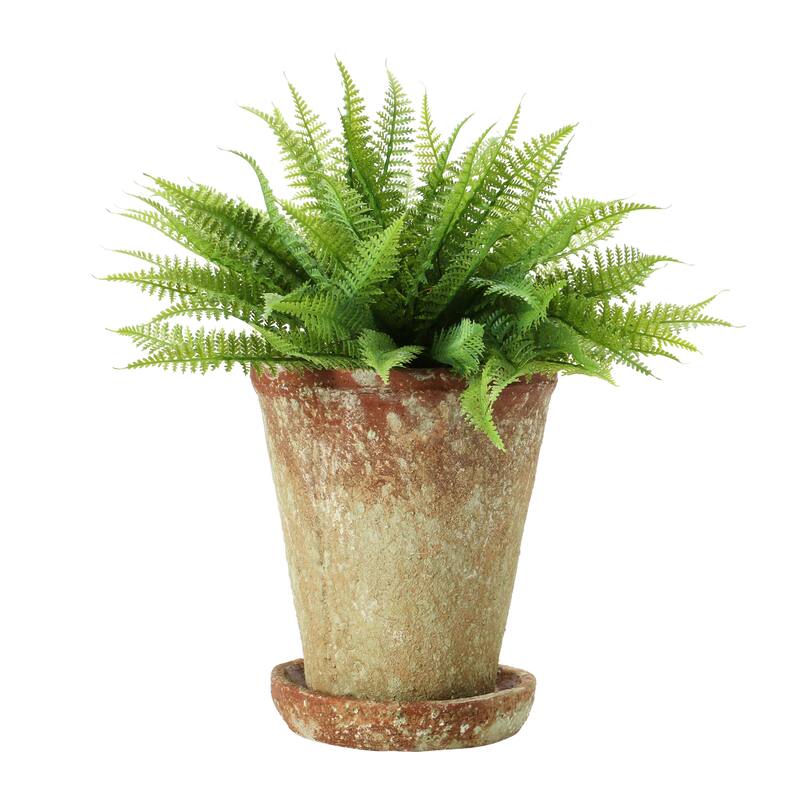 Cement Planter with Saucer, Distressed Terra-cotta Finish