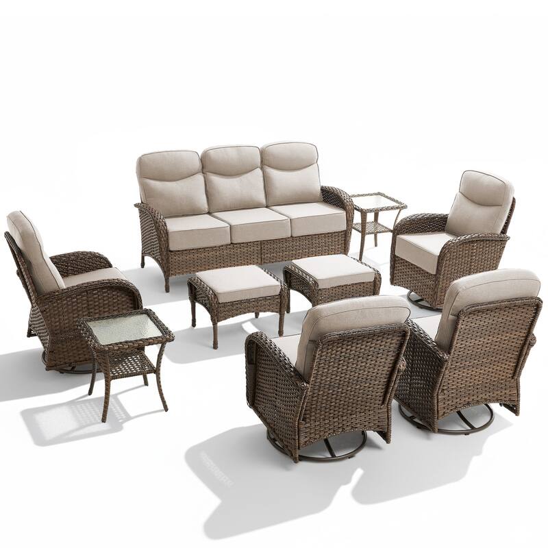 Luna 9-Piece Wicker Patio Conversation Set with Swivel Gliders and 6-Inch Thick Olefin Cushions
