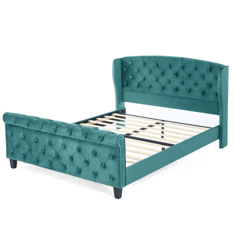 Christopher Knight Home - Amara Traditional Velvet Upholstered Sleigh Bed with Wingback Headboard & Scroll Footboard, Queen Size