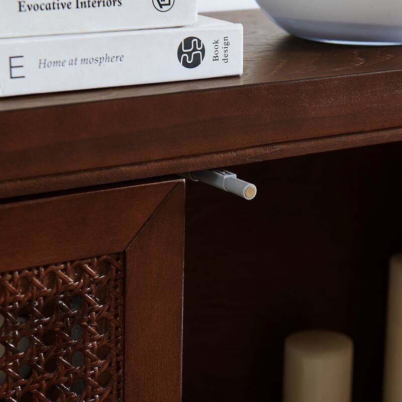 39.4" Mid Century Modern Rattan Sideboard Buffet Cabinet with 2 Outlet Holes, Coffee Bar Wine Bar Credenza,Storage Cabinet