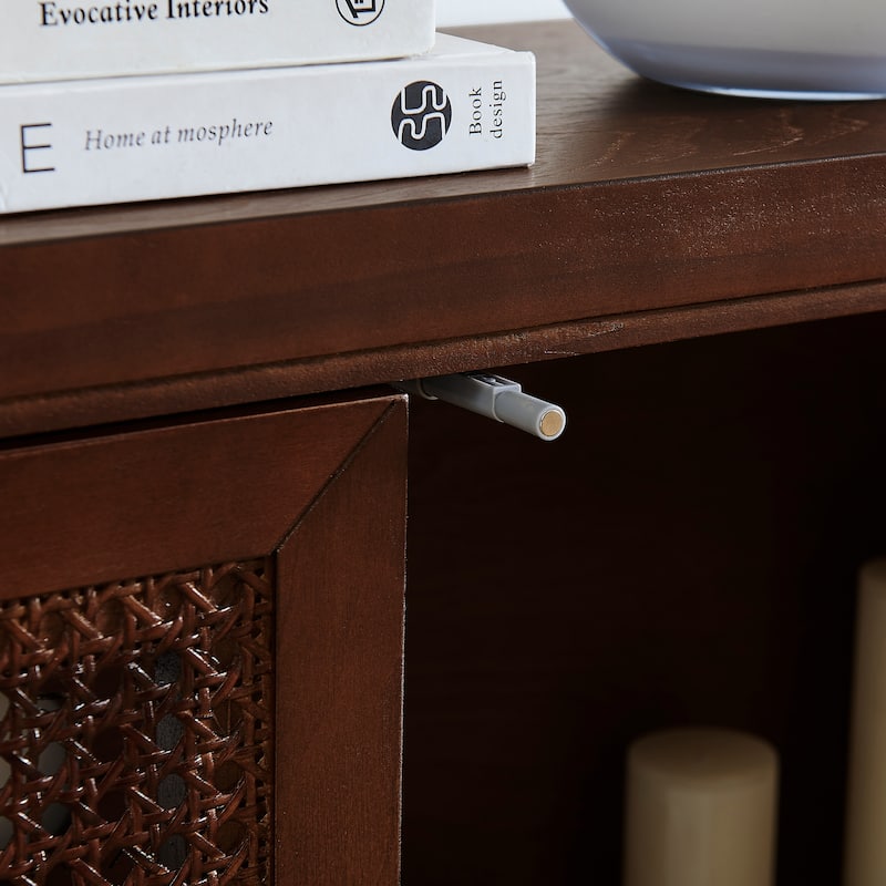 39.4" Mid Century Modern Rattan Storage Sideboard Cabinet with 2 Outlet Holes