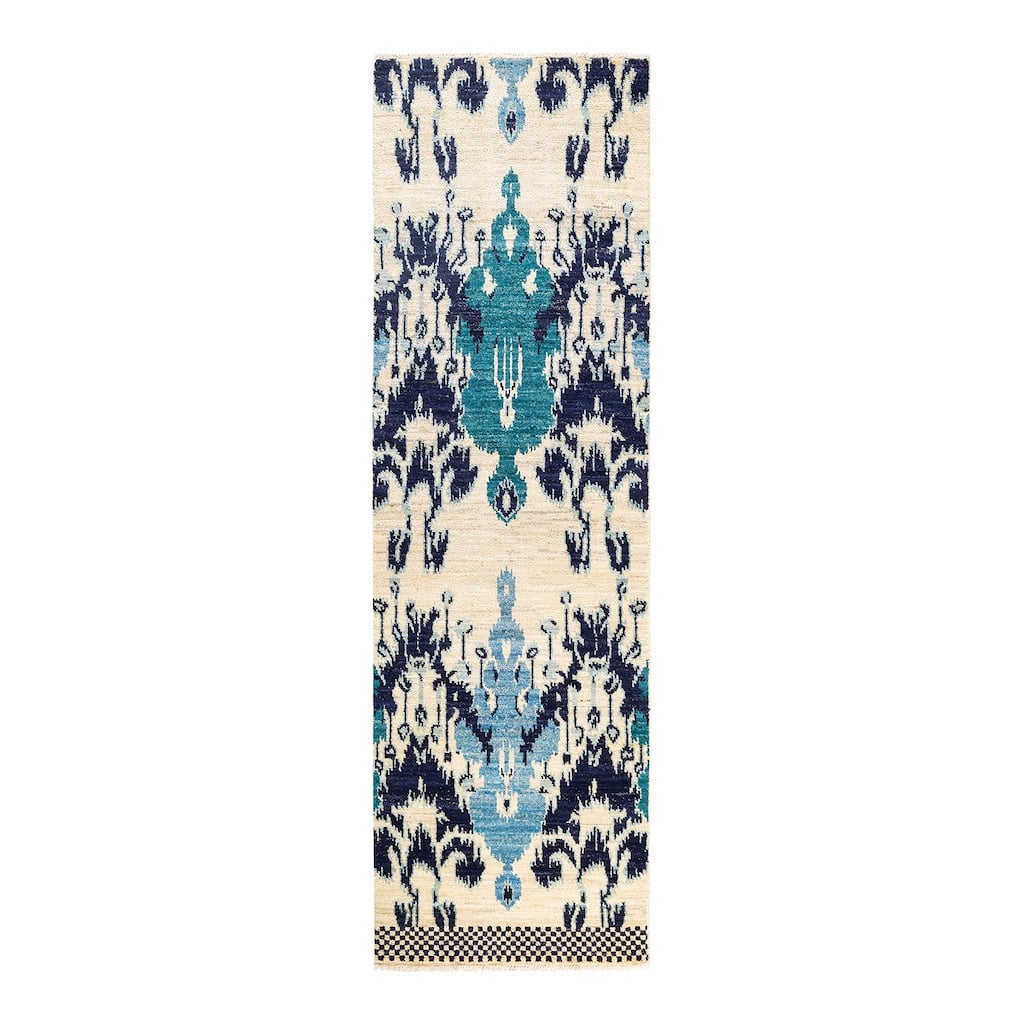 Overton Hand Knotted Wool Vintage Inspired Modern Contemporary Modern Ivory Runner Rug - 2' 7" x 8' 7"