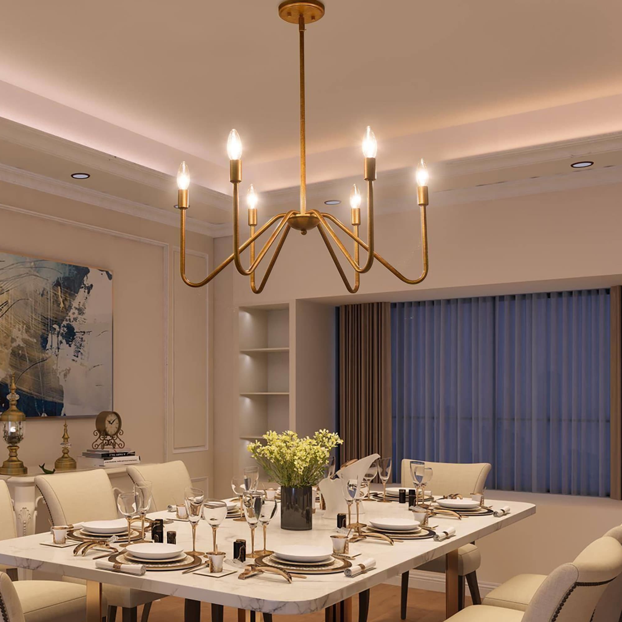 Mid-century Modern Bronze Gold Candle 6-Light Farmhouse Chandelier ...