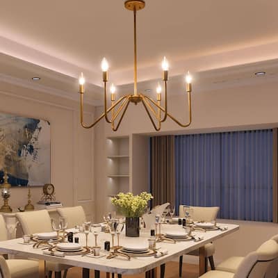 Modern Rustic 6-light Antique Gold French Candle Chandelier Wagon Wheel Fixture for Dining Room - L 24.8" x W 24.8"x H 9.8"