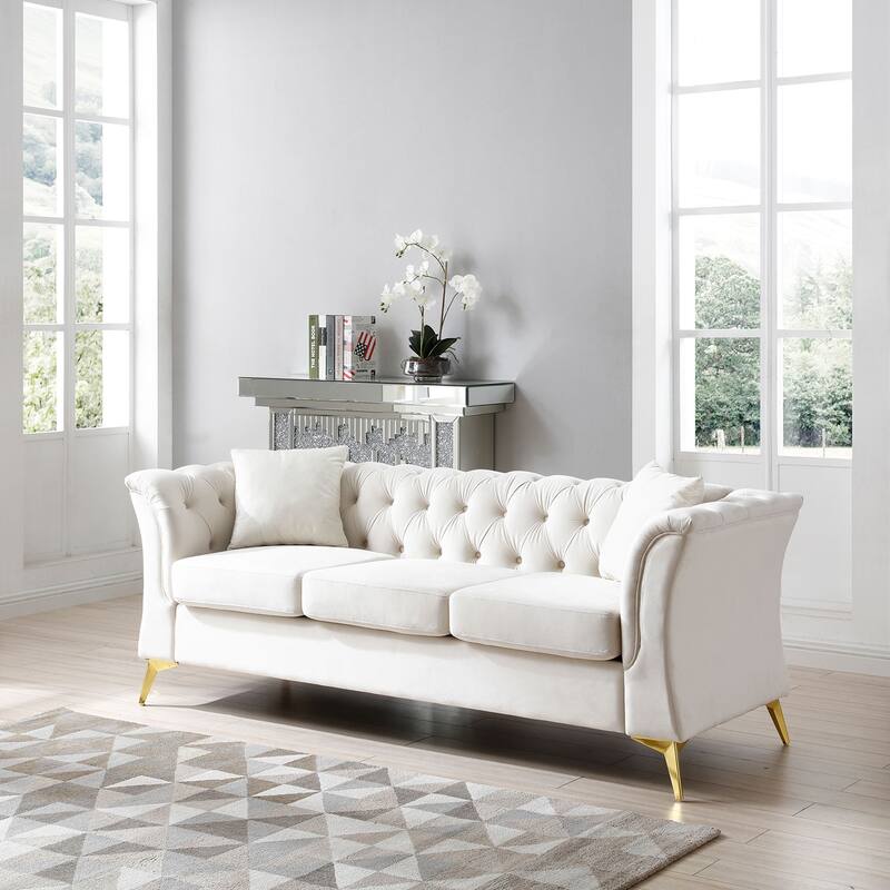 Mid-century Velvet Fabric Tufted Chesterfield 3-Seater Sofa