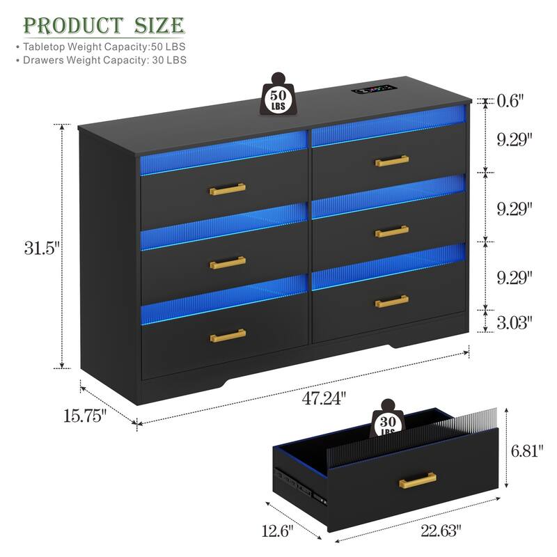 6 Drawers Dresser With LED Light and USB Port
