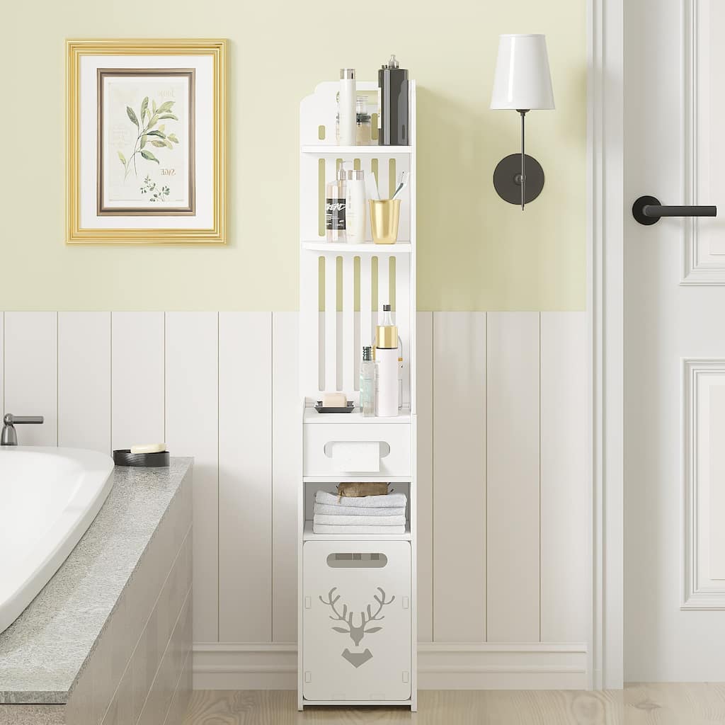 Javlergo White PVC Bathroom Cabinet Multi-Layer Corner Storage Cabinet with Toilet Paper Holder and Trash Bucket