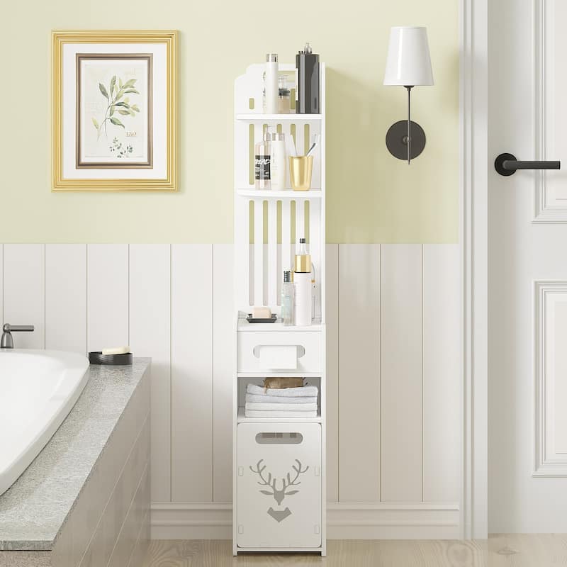 Javlergo White PVC Bathroom Cabinet Multi-Layer Corner Storage Cabinet with Toilet Paper Holder and Trash Bucket - White