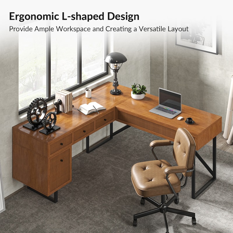 Alfons Industrial L-shaped Lift Top Cane Executive Office Desk with Drawers and Built-In Outlets by HULALA HOME