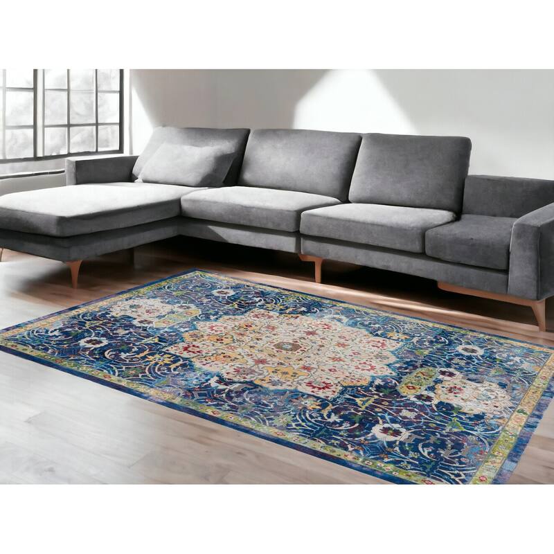 Power Loomed Distressed Floral Traditional Non Skid Area Rug - 118' X '94' X '0.5 - 118' X '94' X '0.5 - Oxford Blue - Rectangle