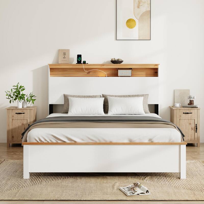 Queen Bed Stand With Charging Station All-Wood Bed Frame, Rustic Bed Frame With Storage Headboard And Built-In Charging Station - Antique White
