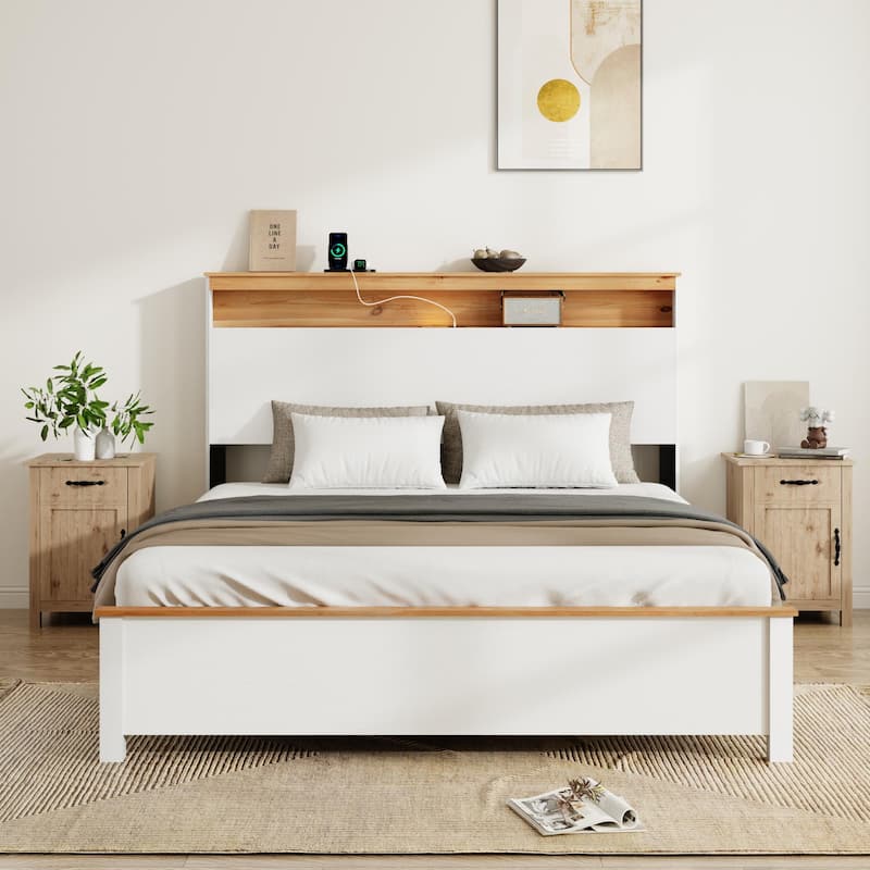 Rustic Farmhouse Bed Frame with Storage Headboard, LED Lights, and Built-in Charging Station - Antique White