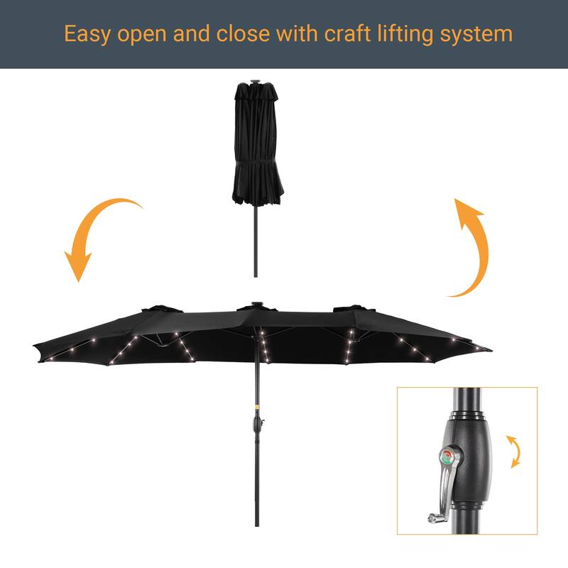 Livoosun 15×9FT LED Double-sided Patio Umbrella with BASE UPF50+ and Handle, and Wind-Resistant Design