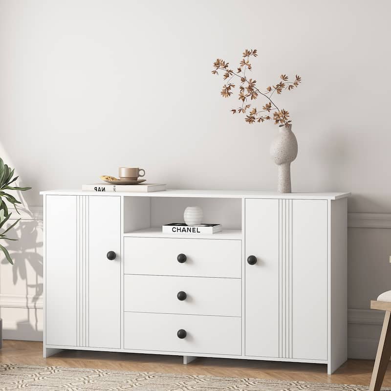 White 30 in. H Storage Cabinet with Adjustable Shelves, Modern Sideboard Buffet Cabinet with 3-Drawer and Doors