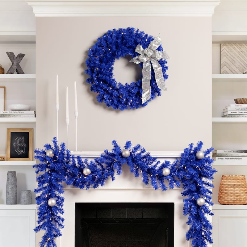 Pre-Lit Artificial Pine Christmas Wreath - 24" - Royal Blue - Clear Lights