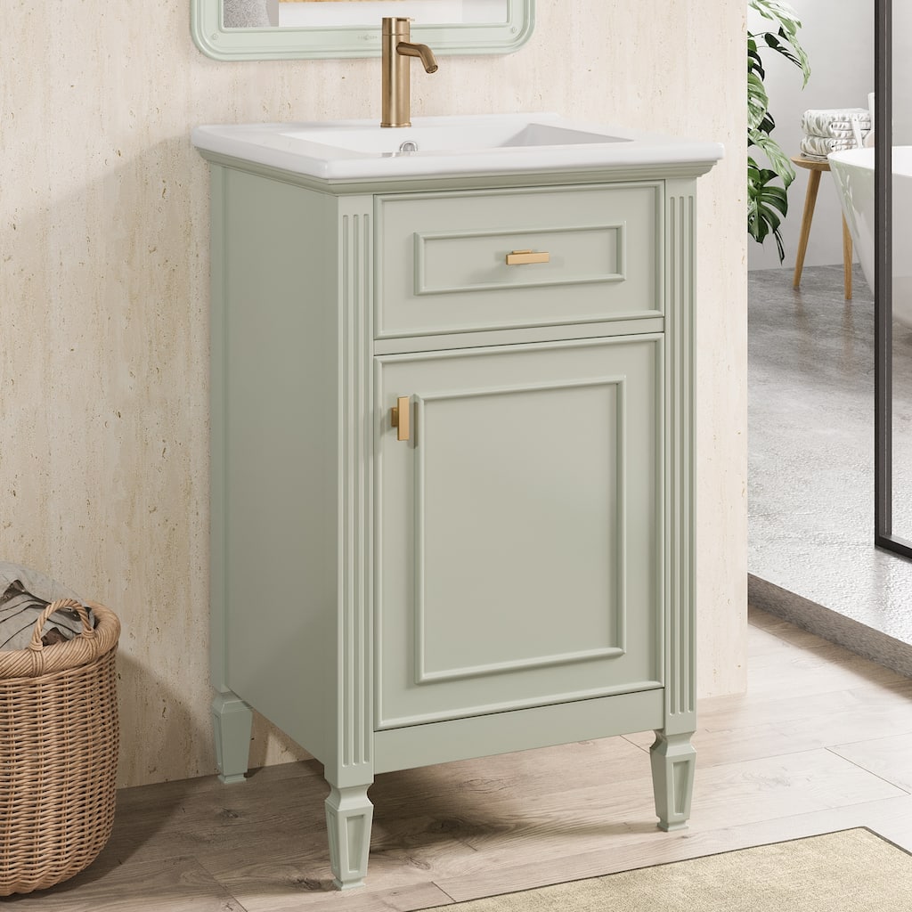 20-Inch Green Bathroom Vanity with Sink, Solid Wood Legs, Adjustable Shelf, Tilt-Out Drawer, Zinc Alloy Knobs