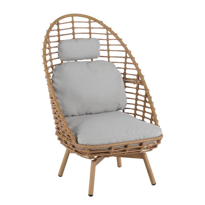 Roomfitters Ellis Outdoor Wicker High-Back Swivel Lounge Chair with Teak Finish Legs, Light Brown and Beige - Single Unit